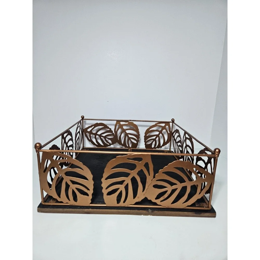 Leaf Metal Planter Set 2 Tropical Monstera Decorative Baskets Green Bronze Tray